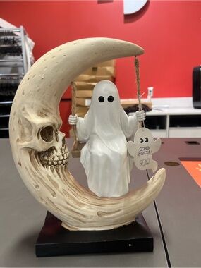 Goblin & Ghoul Ghost on Crescent Moon Figurine - Ivory & White